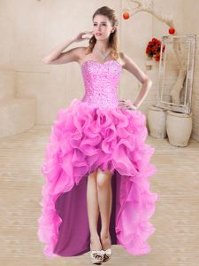 High Low Rose Pink Evening Dress Sweetheart Sleeveless Lace Up
