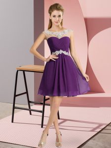 Purple Lace Up Scoop Beading Prom Party Dress Chiffon Cap Sleeves