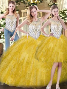 Yellow Three Pieces Scoop Sleeveless Organza Floor Length Zipper Beading and Ruffles Sweet 16 Quinceanera Dress