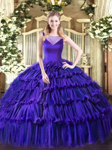 Clearance Sleeveless Floor Length Beading and Ruffled Layers Side Zipper Quinceanera Dresses with Purple