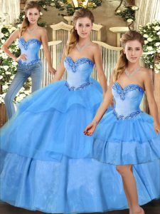 Baby Blue Organza Lace Up 15 Quinceanera Dress Sleeveless Floor Length Beading and Ruffled Layers