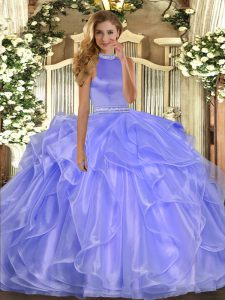 Attractive Sleeveless Floor Length Beading and Ruffles Backless Quinceanera Dresses with Lavender