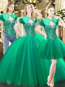 Colorful Green Ball Gowns Tulle Sweetheart Sleeveless Beading Floor Length Lace Up Quinceanera Dress