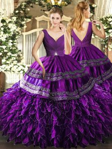 Custom Fit Organza Sleeveless Floor Length Quinceanera Dresses and Beading and Ruffles and Ruching