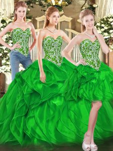 Captivating Green Lace Up Sweetheart Beading and Ruffles Quince Ball Gowns Tulle Sleeveless