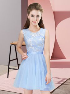 Custom Made Mini Length Side Zipper Damas Dress Light Blue for Prom and Party and Wedding Party with Lace