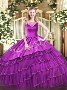 Scoop Sleeveless 15th Birthday Dress Floor Length Beading and Embroidery Purple Organza