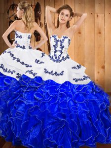 Sleeveless Floor Length Embroidery and Ruffles Lace Up Quince Ball Gowns with Blue And White