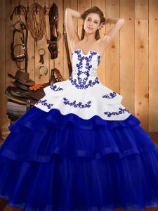 Royal Blue Sleeveless Embroidery and Ruffled Layers Lace Up Quinceanera Dress