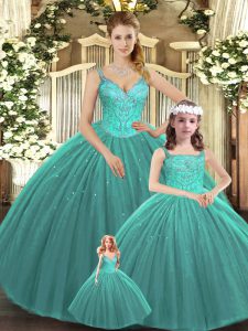 Turquoise Straps Neckline Beading Quinceanera Gown Sleeveless Lace Up