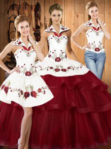 Glamorous Wine Red Halter Top Neckline Embroidery and Ruffled Layers Quinceanera Dresses Sleeveless Lace Up