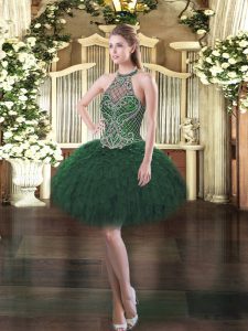 Fantastic Mini Length Dark Green Evening Dress Organza Sleeveless Beading and Ruffles