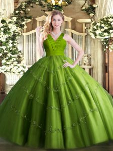 Delicate Olive Green Sleeveless Tulle Zipper Quinceanera Gowns for Military Ball and Sweet 16 and Quinceanera