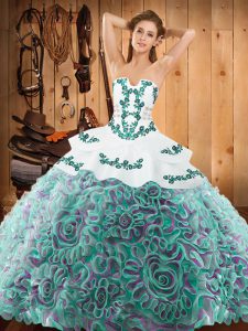 Satin and Fabric With Rolling Flowers Sleeveless With Train 15th Birthday Dress Sweep Train and Embroidery