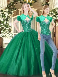Green Ball Gowns Sweetheart Sleeveless Tulle Floor Length Lace Up Beading Sweet 16 Dress