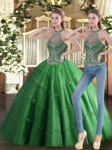 Fabulous Green Lace Up Vestidos de Quinceanera Beading Sleeveless Floor Length