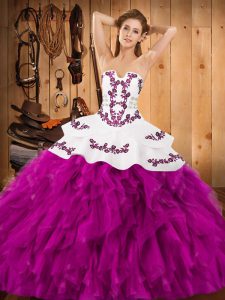 Fuchsia Sleeveless Satin and Organza Lace Up Quinceanera Gowns for Military Ball and Sweet 16 and Quinceanera