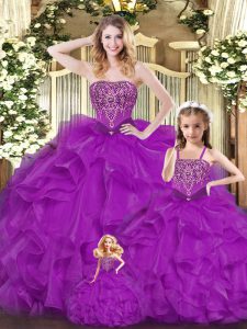 Comfortable Floor Length Purple Quinceanera Gown Organza Sleeveless Beading and Ruffles