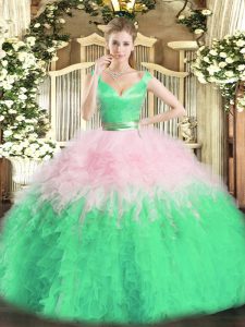 V-neck Sleeveless Organza Sweet 16 Dress Ruffles Zipper