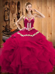 Modern Fuchsia Satin and Organza Lace Up Sweetheart Sleeveless Floor Length Sweet 16 Dress Embroidery and Ruffles