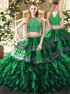 Chic Floor Length Dark Green Sweet 16 Quinceanera Dress Tulle Sleeveless Beading and Ruffles