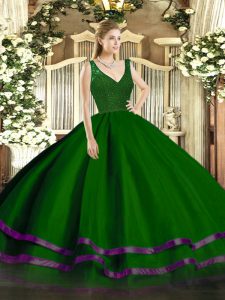 Green A-line Beading and Ruffled Layers Sweet 16 Dress Zipper Tulle Sleeveless Floor Length
