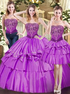 Customized Eggplant Purple Strapless Lace Up Beading and Ruffled Layers Ball Gown Prom Dress Sleeveless