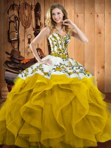 Ball Gowns Quinceanera Dress Yellow Sweetheart Satin and Organza Sleeveless Floor Length Lace Up