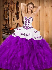 Popular Strapless Sleeveless Lace Up Quinceanera Dress Eggplant Purple Satin and Organza