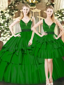 Ball Gowns Sweet 16 Dress Dark Green Straps Organza Sleeveless Floor Length Lace Up
