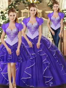 Flirting Floor Length Lace Up Sweet 16 Dress Purple for Military Ball and Sweet 16 and Quinceanera with Beading and Ruffles