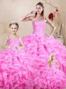 Fantastic Beading and Ruffles Quinceanera Gown Rose Pink Lace Up Sleeveless Floor Length
