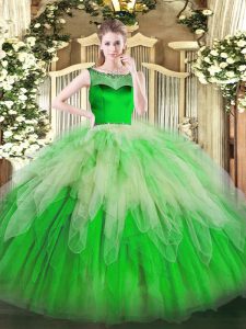 Adorable Green Zipper Scoop Beading and Ruffles 15th Birthday Dress Organza Sleeveless