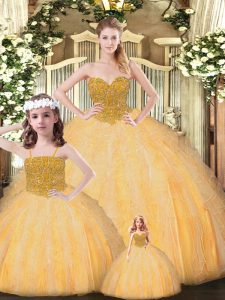 Suitable Floor Length Ball Gowns Sleeveless Gold Quinceanera Dresses Lace Up