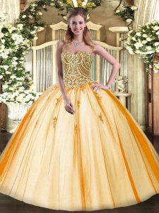 Free and Easy Gold Tulle Lace Up Quinceanera Dresses Sleeveless Floor Length Beading