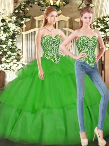 Beading and Ruffled Layers Sweet 16 Dress Green Lace Up Sleeveless Floor Length