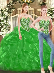 High End Green Sleeveless Beading and Ruffles Floor Length Quinceanera Gown