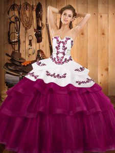Fancy Tulle Strapless Sleeveless Sweep Train Lace Up Embroidery and Ruffled Layers Quinceanera Dress in Fuchsia