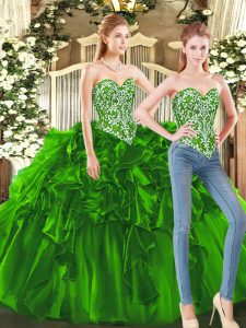 Artistic Dark Green Sleeveless Beading and Ruffles Floor Length Vestidos de Quinceanera