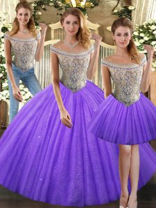 Affordable Eggplant Purple Lace Up Sweet 16 Dresses Beading Sleeveless Floor Length