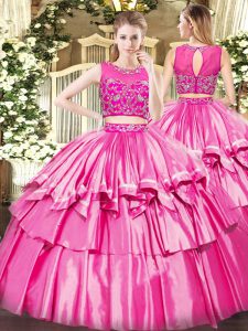 Beading and Ruffled Layers Sweet 16 Dresses Rose Pink Zipper Sleeveless Floor Length