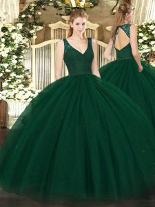 Sleeveless Tulle Floor Length Backless Ball Gown Prom Dress in Dark Green with Beading and Lace
