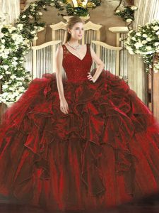 Modest Wine Red Ball Gowns Beading and Ruffles Quinceanera Gown Zipper Organza Sleeveless Floor Length