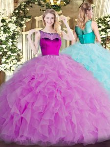 High Quality Scoop Sleeveless Organza Quince Ball Gowns Beading and Ruffles Zipper