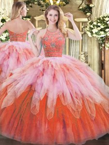 Sleeveless Floor Length Beading and Ruffles Zipper Quinceanera Gowns with Multi-color