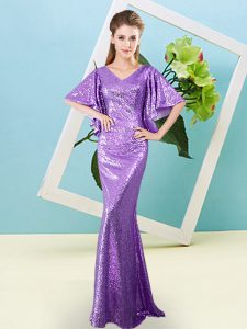 Top Selling Lavender Half Sleeves Sequined Zipper Dress for Prom for Prom and Party