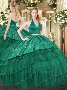 Floor Length Dark Green Ball Gown Prom Dress Halter Top Sleeveless Zipper