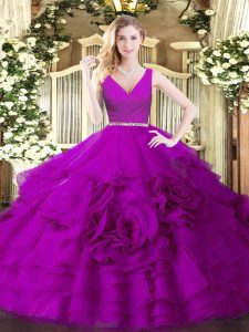 Fabric With Rolling Flowers V-neck Sleeveless Zipper Beading Quinceanera Dresses in Fuchsia