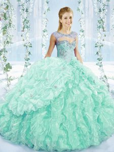 Sweetheart Sleeveless Brush Train Lace Up Ball Gown Prom Dress Apple Green Organza