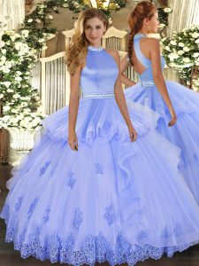 Lavender Tulle Backless Halter Top Sleeveless Floor Length Sweet 16 Quinceanera Dress Beading and Appliques